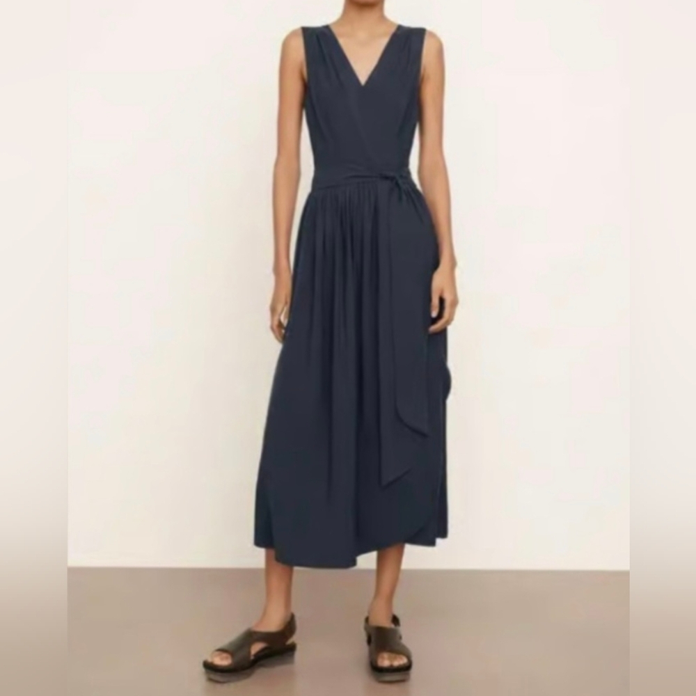 Vince Wrap Dress Navy Blue Sleeveless Pleated V- Neck Midi Size XXS NEW $425 - Picture 3 of 12